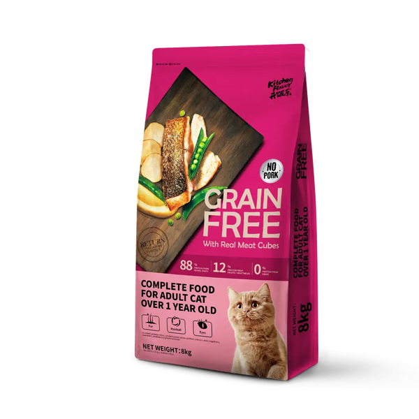 Alimento completo sin cereales para gatos adultos (mezcla de cubitos de carne real visibles)