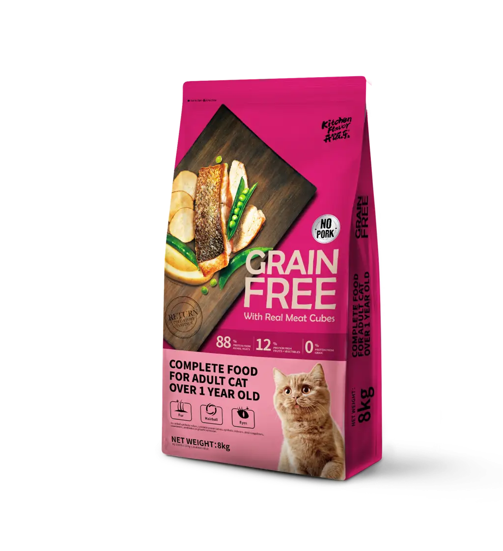 Alimento completo sin cereales para gatos adultos (mezcla de cubitos de carne real visibles)