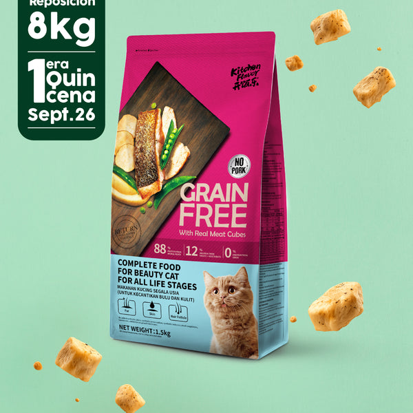Comida sin cereales para Gatos de todas las edades (mezcla de cubitos de carne real visible)