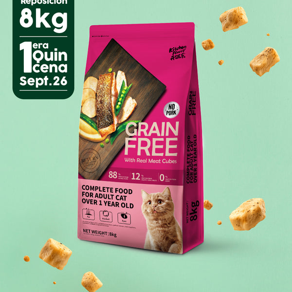 Comida sin cereales para Gatos adultos (mezcla de cubitos de carne real visibles)