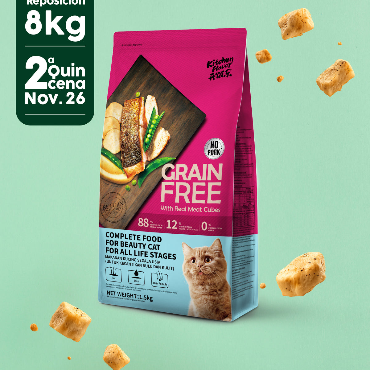 Comida sin cereales para Gatos de todas las edades (mezcla de cubitos de carne real visible)