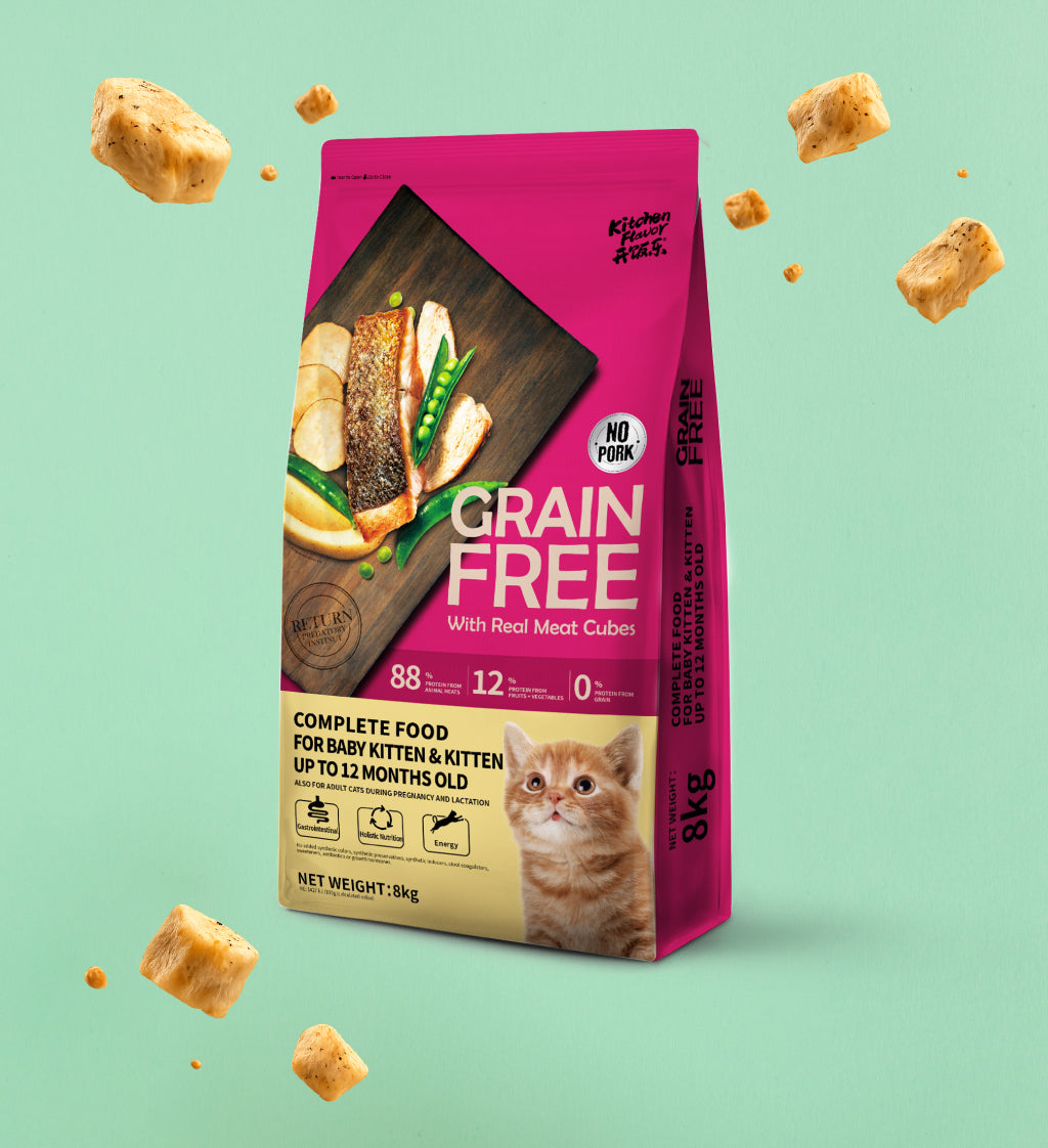 Comida sin cereales para Gatitos (con cubitos de carne real visibles)