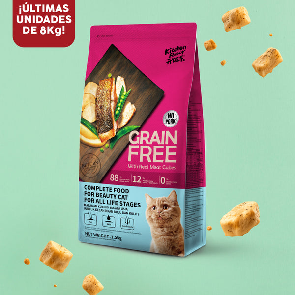 Comida sin cereales para Gatos de todas las edades (mezcla de cubitos de carne real visible)