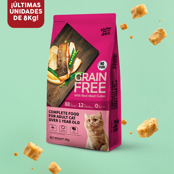 Comida sin cereales para Gatos adultos (mezcla de cubitos de carne real visibles)